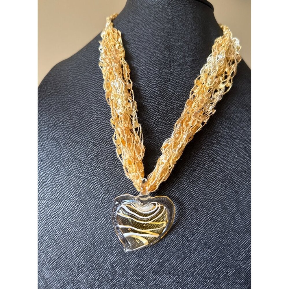 Murano Style Glass Heart Pendant Necklace Woven Gold Ribbon Magnetic Clasp